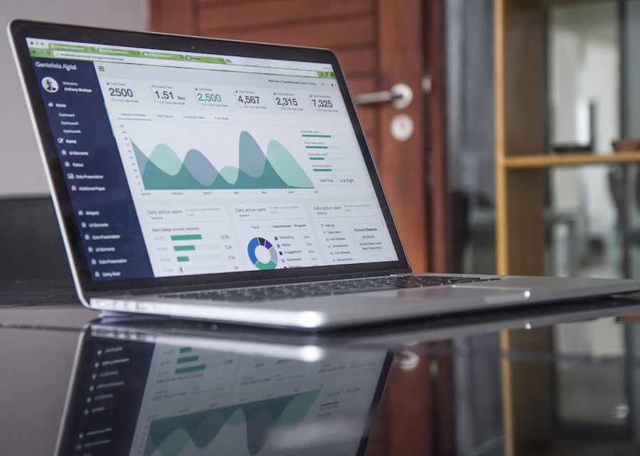 Laptop screen showing blog analytics and content dashboard